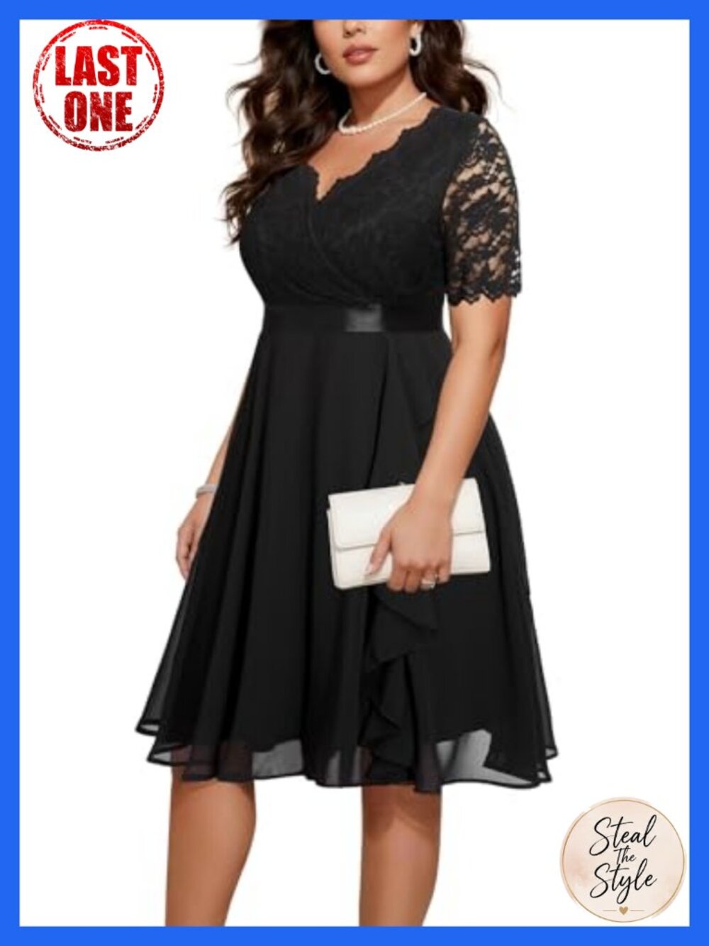Plus Size Lace Chiffon Ruffle Tea Length Dress V-Neck